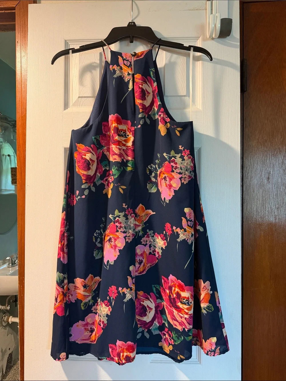 Everly Navy Halter Midi Dress with Pink & Orange Floral Print